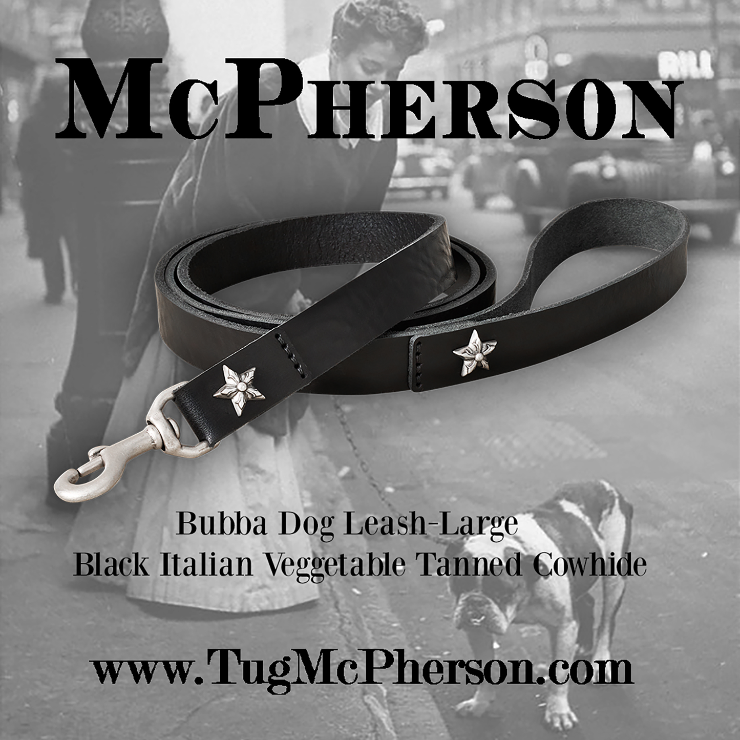 Bubba Black Leather Dog Leash-Large