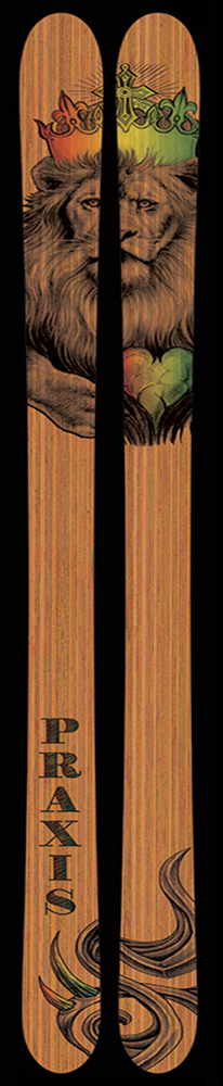 A pair of skis that feature a crowned lion with red, yellow, and green shading over wood grain
