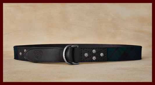 Otis Scottish Wool Green and Navy Plaid Leather D-Ring Belt