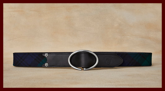 Rufus Elliptic Navy and Green Scottish Wool Plaid Leather Belt