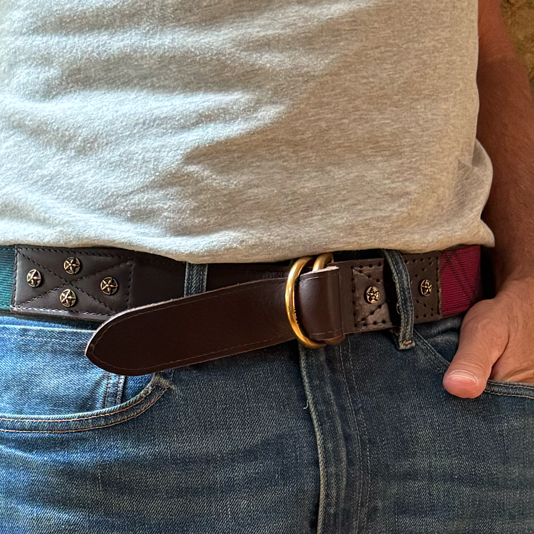 Otis Scottish Wool Red and Green Plaid Leather D-Ring Belt