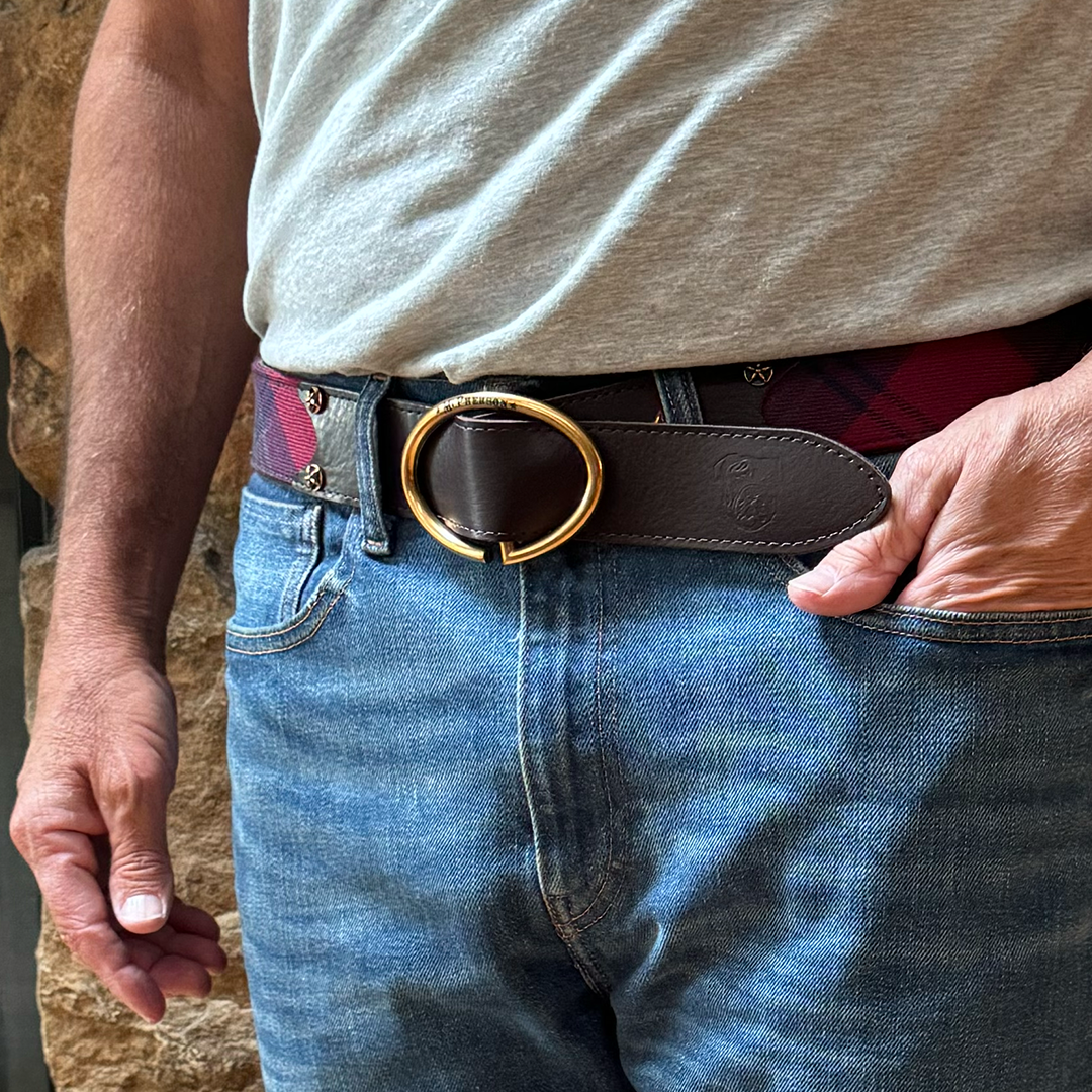 Rufus Red and Green Elliptic Scottish Wool Plaid Leather Belt