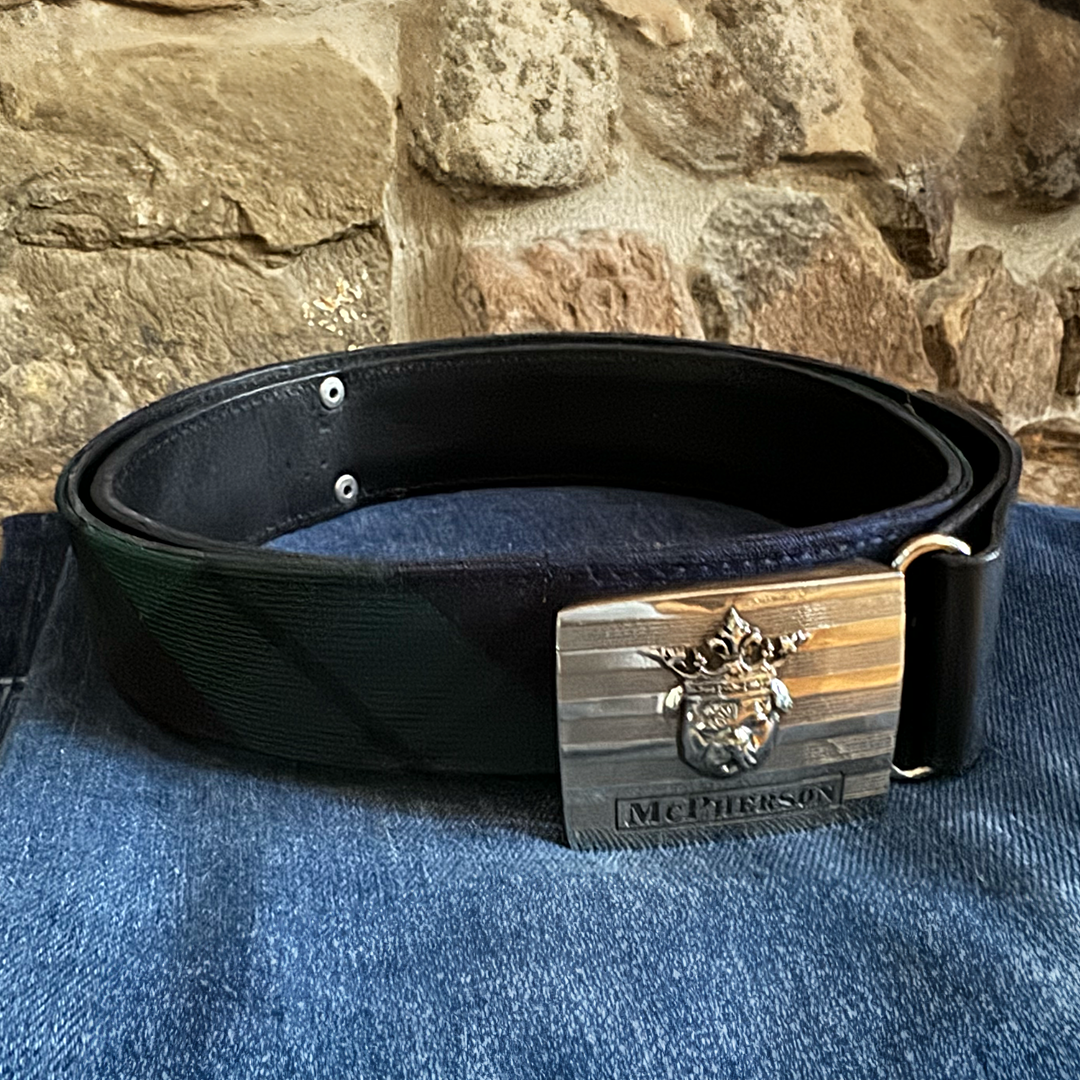 Tug's Navy and Green Scottish Wool Plaid Leather Engineer Belt