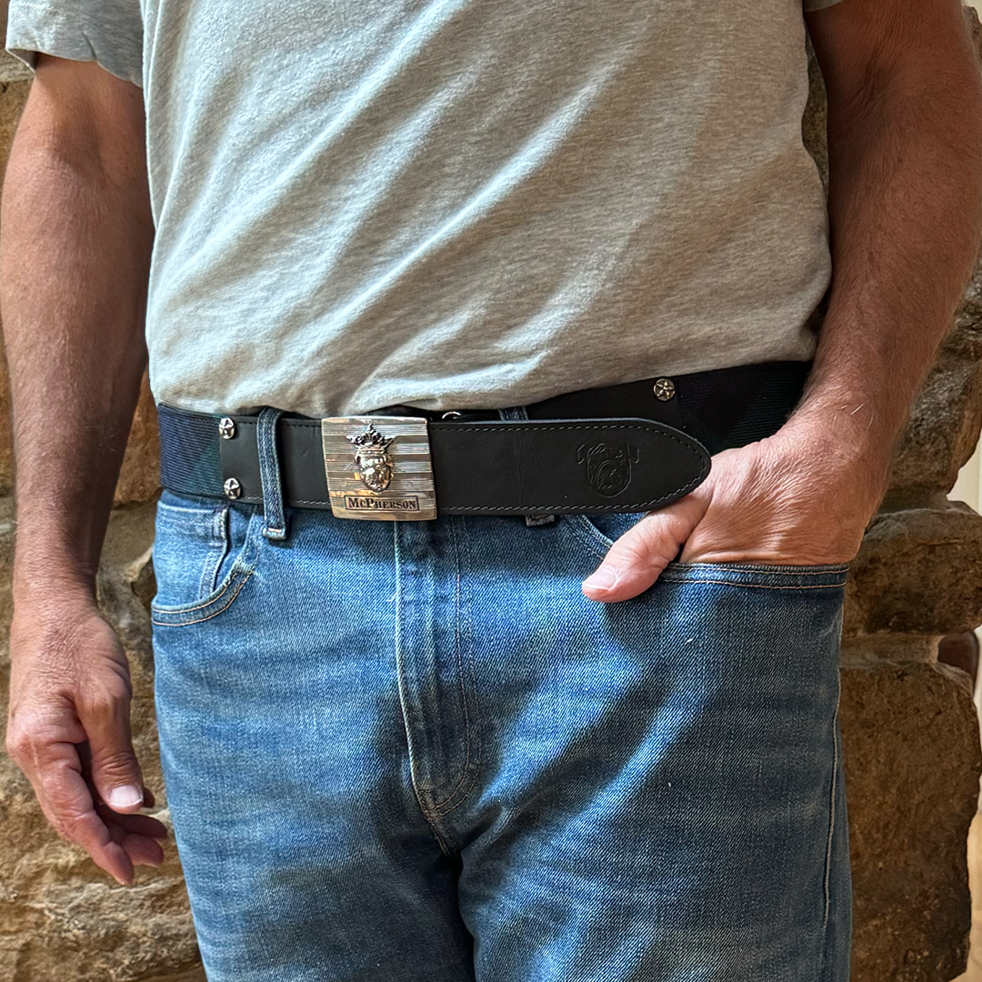 Tug's Navy and Green Scottish Wool Plaid Leather Engineer Belt