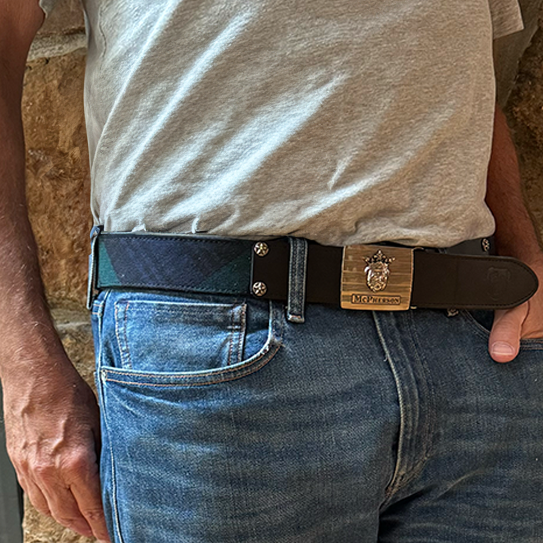 Tug's Navy and Green Scottish Wool Plaid Leather Engineer Belt