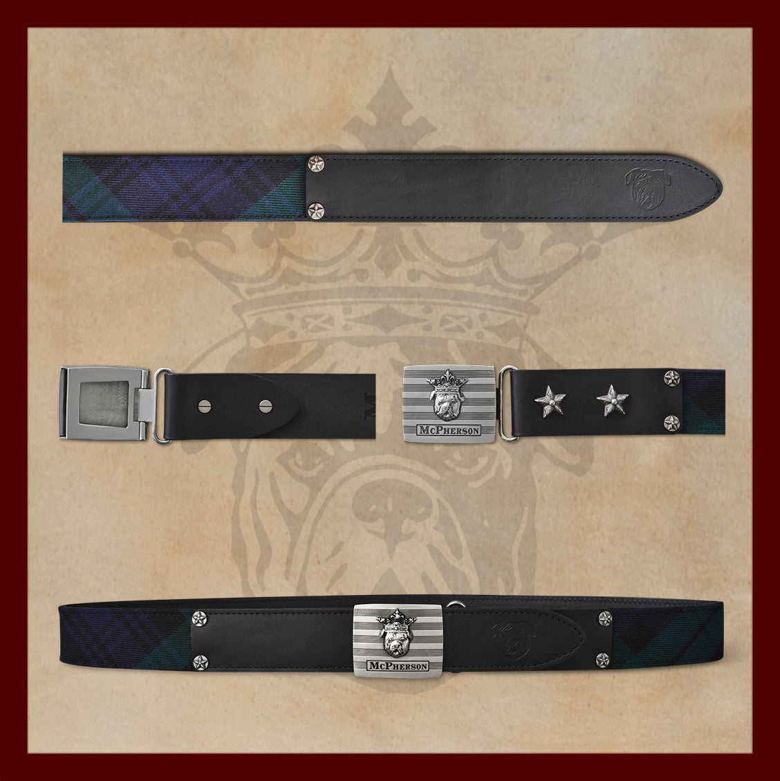 Tug's Navy and Green Scottish Wool Plaid Leather Engineer Belt