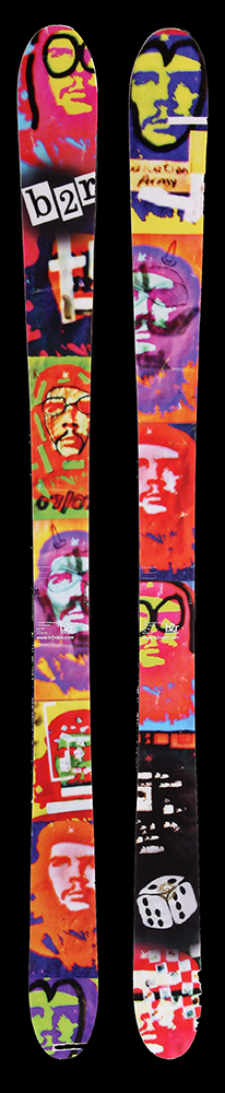 A pair of skis with collages of Che Guevara photos