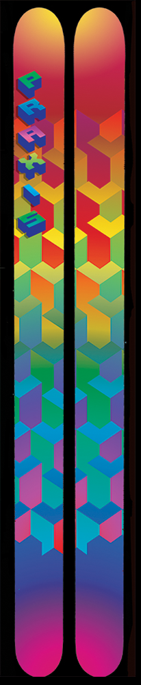 A pair of skis that display a cubic pattern with a rainbow of colors