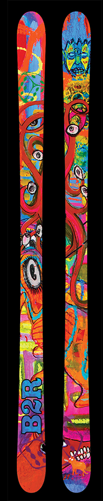 A colorful set of skis covered with a modern abstract design with eyes and tentacles