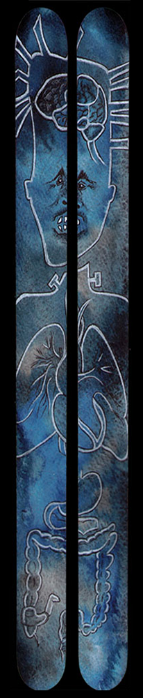 A blue pair of skis that display a body and its detached head along with its anatomy