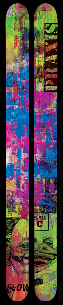A pair of skis with a colorful abstract design across them both