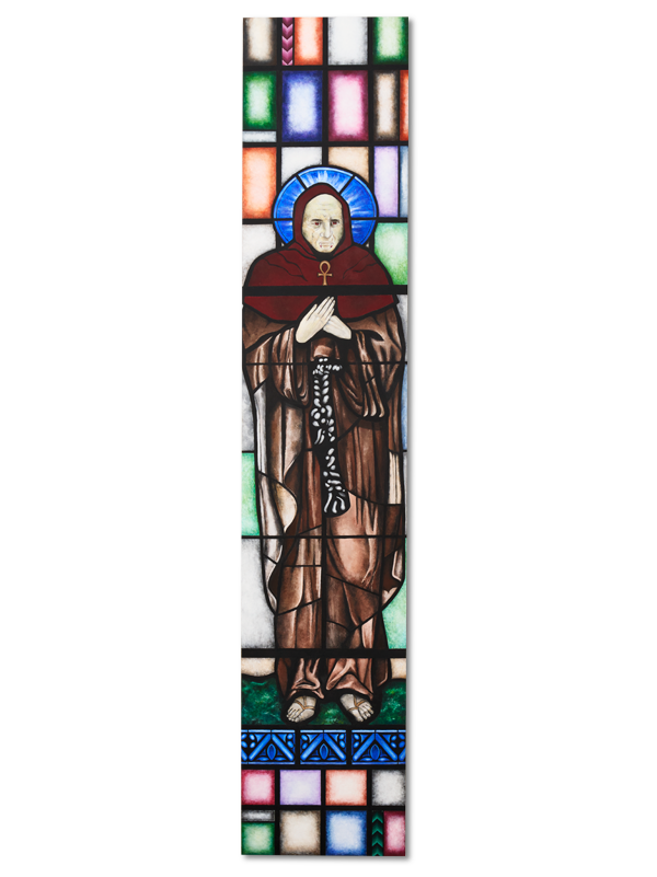 A stain glass style art piece displaying a monk adorned in a brown robe
