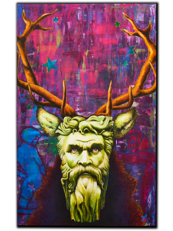 A piece of art showing a roman bust sprouting antlers and animal ears on an abstract background