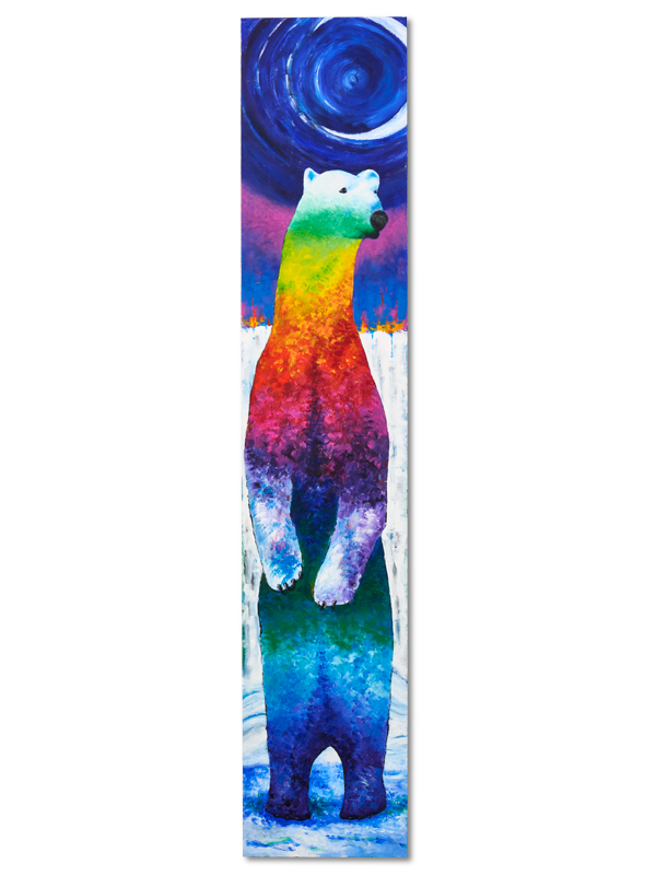 A painting of a colorful polar bear standing in front of a crescent moon
