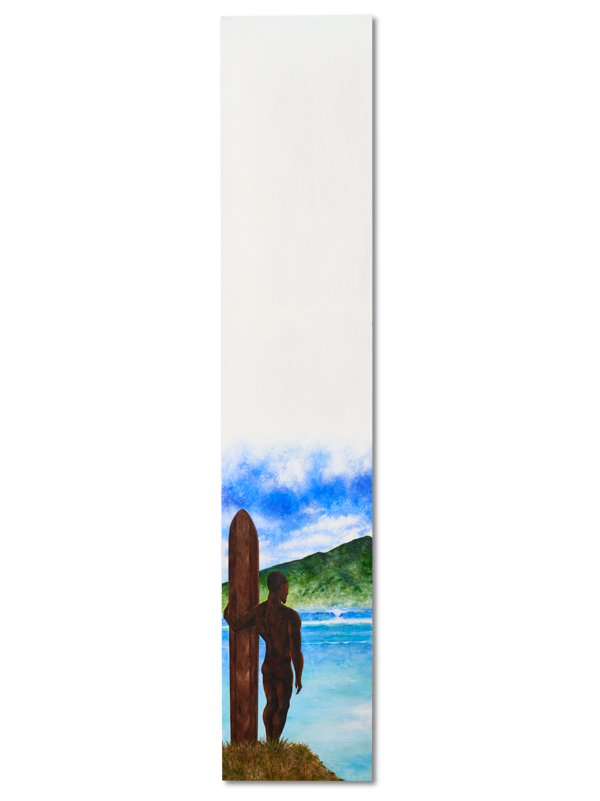 A tall scene showing a surfer standing in front of a beach that extends upwards into only white