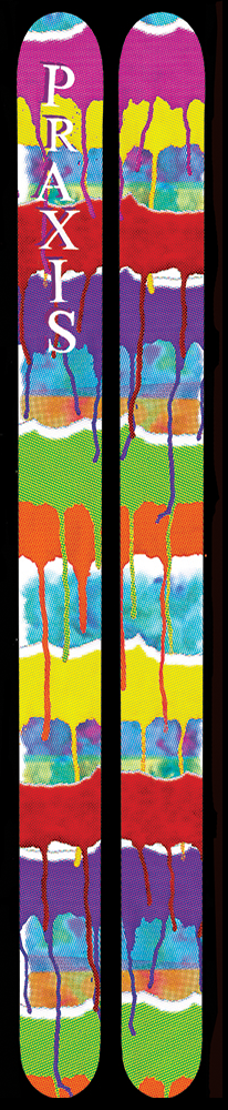 A pair of skis with dripping stripes of painted colors