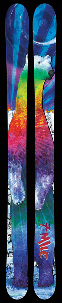 Skis that show a rainbow-colored polar bear standing up to look around on them