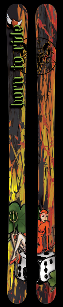 A pair of skis that feature a she-devil sitting atop a die with shamrocks near her