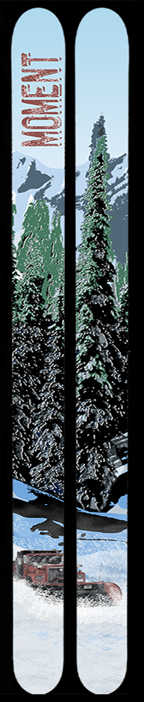 Skis that have a snowplow plowing snow and tall pine trees drawn on them