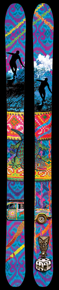 A tropical set of skis displaying drawings of surfers, tribal patterns, and a beach-ready car