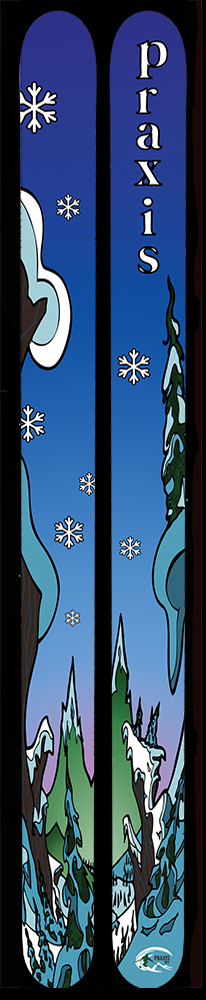 A pair of skis with a cartoonized winter landscape shown on them