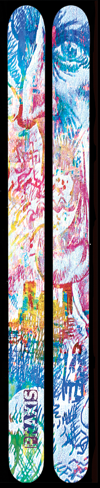 A set of skis with a colorful design showing someone yelling