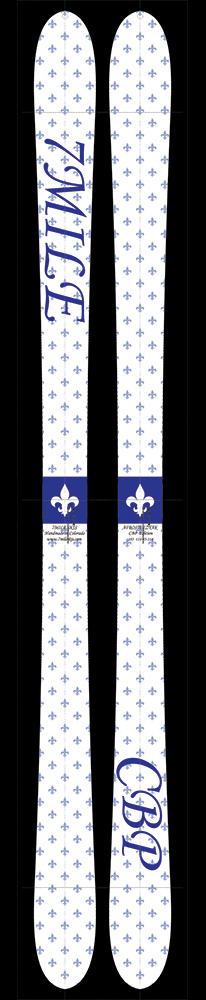 A simple patterned white pair of skis that read 7 Mile on one and CBP on the other