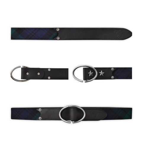 Rufus Elliptic Navy and Green Scottish Wool Plaid Leather Belt