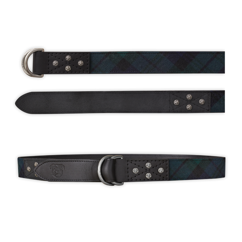 Otis Scottish Wool Green and Navy Plaid Leather D-Ring Belt