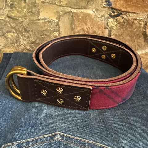 Otis Scottish Wool Red and Green Plaid Leather D-Ring Belt