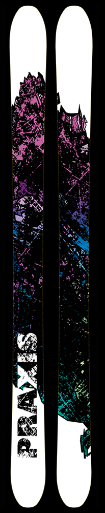 A set of skis with an purple, blue, and green mountain drawn on them