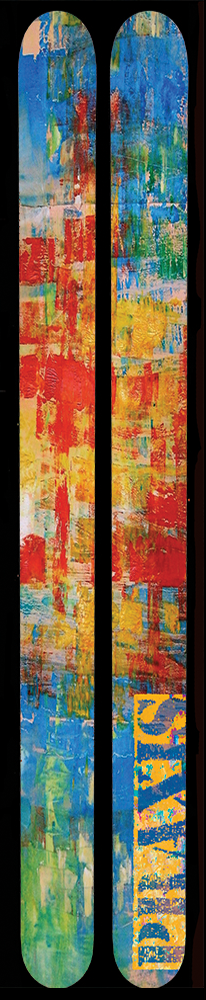 A pair of skis designed to appear as a piece of a painting