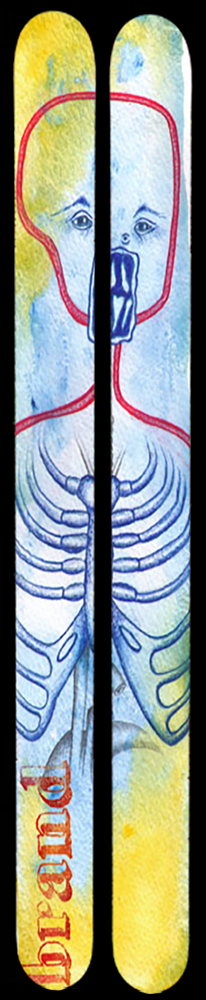 A pair of skis that show a drawn skeletal torso with an interesting face atop