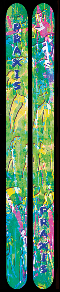 A colorful set of skis that feature ancient cave-style illustrations
