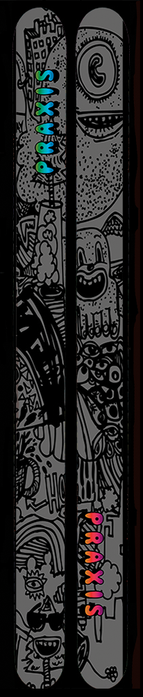 A pair of skis that display a grey and black design with colorful branding