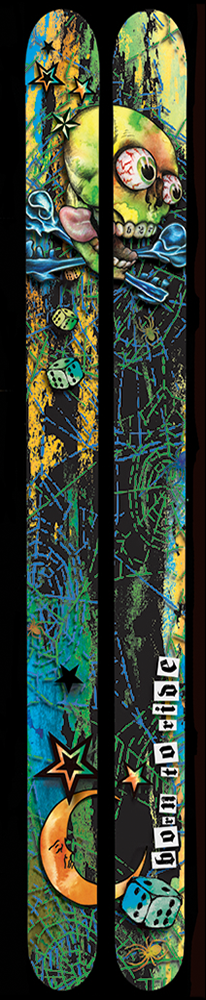 A pair of skis that display a skull with its eyes popping out