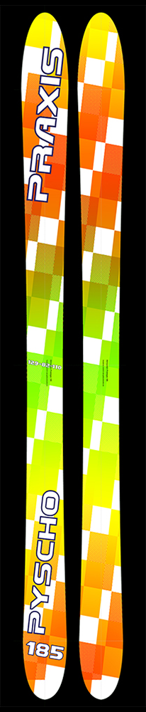A pair of skis with a yellow, green, and orange checker pattern
