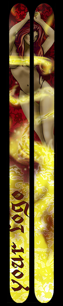 A set of skis that show a woman wrapped in yellow light