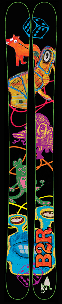 A colorful set of skis that have fun drawings and artistry on a mostly black background