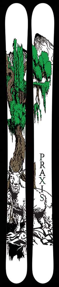 A pair of white skis that show a mountain goat standing near a tree