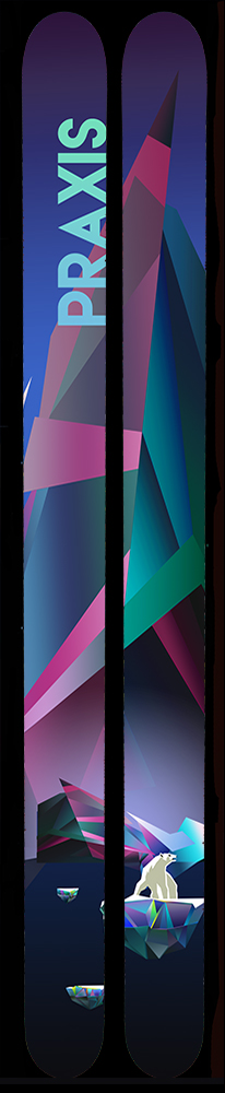 A pair of skis with a geometric abstract design that shows a polar bear floating on ice