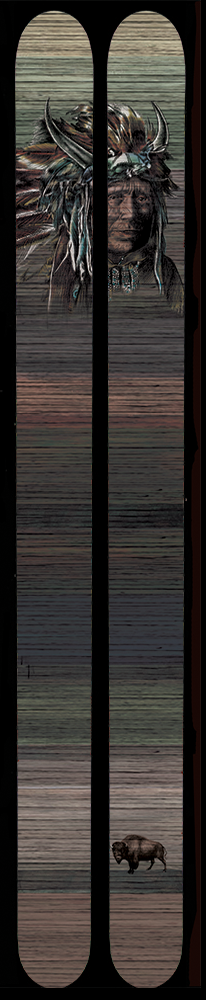 A pair of skis that display a Native American chief over a buffalo