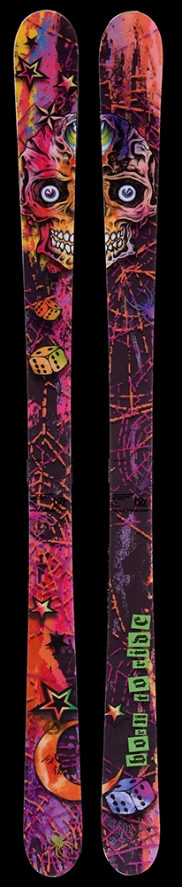 A pair of red and dark colored skis featuring a smiling skull with eyes