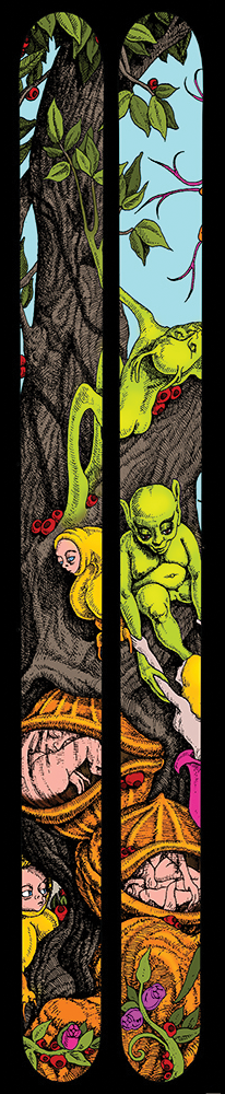 A pair of skis that have a group of goblins climbing a tree on them