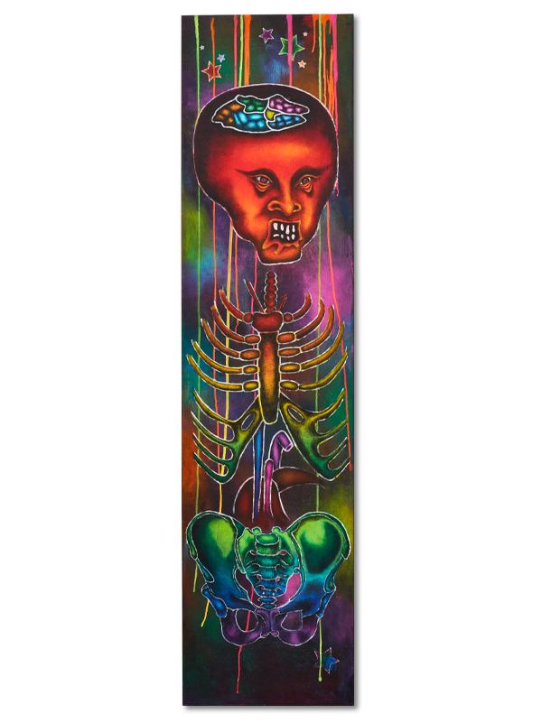 A tall art piece that shows a rainbow colored skeleton with a nose, eyes, and colorful brain