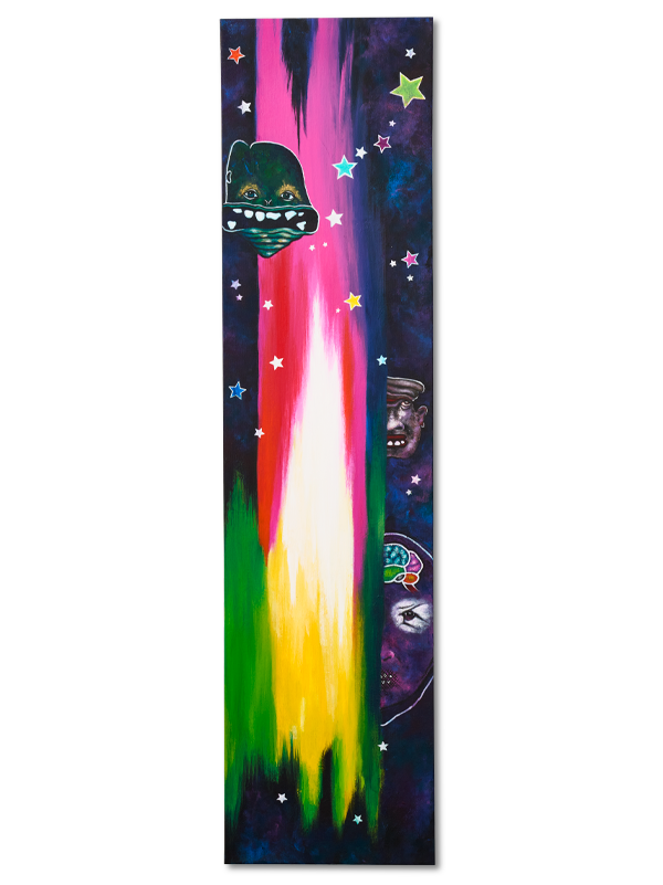 A piece of vertical art that displays bodyless heads flying through the northern lights
