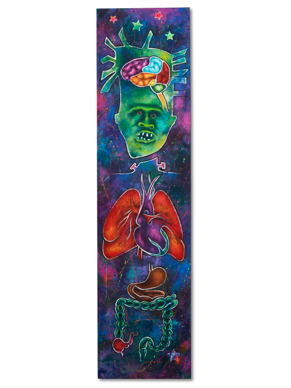 Art showing the head and anatomy of Frankenstein's monster