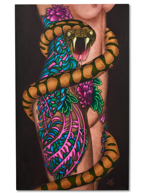 A painting that displays a snake posed to strike while wrapped around a tattooed woman