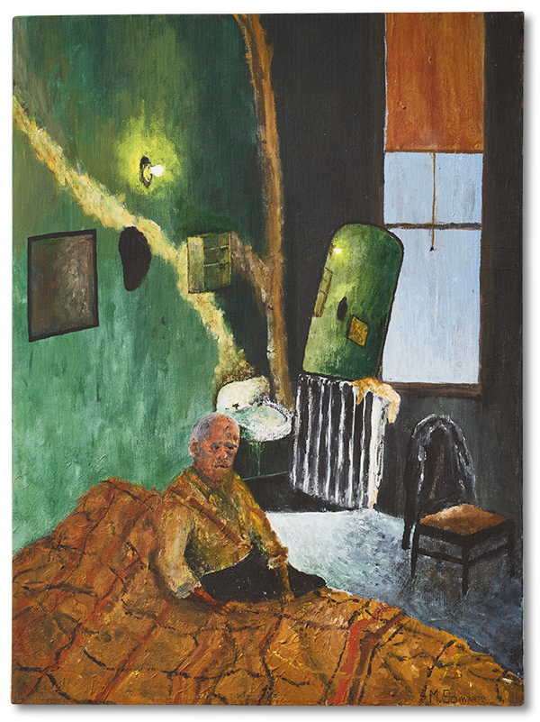 A painting of a man wearing a yellow shirt while sitting in a bedroom with green walls