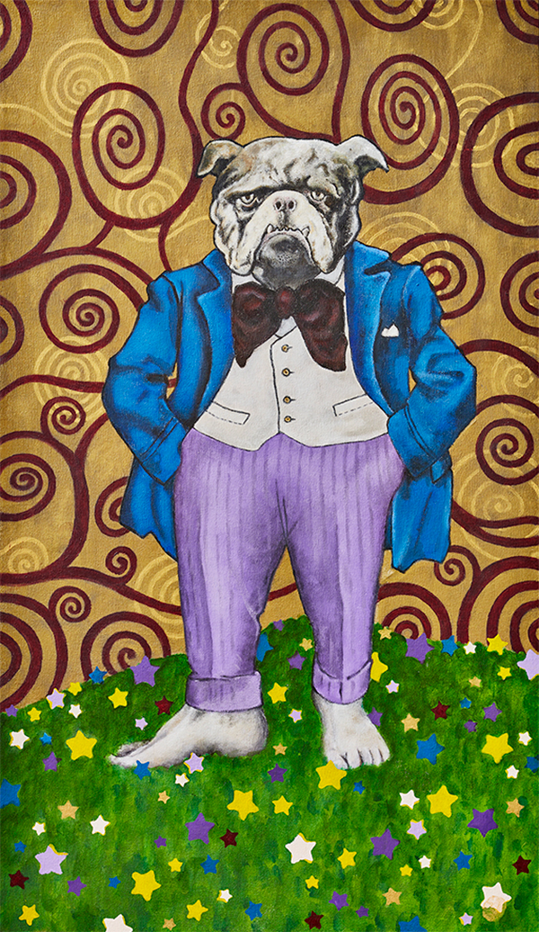 Tug, the humanoid bulldog standing with his hands in his pockets and his toes in green grass